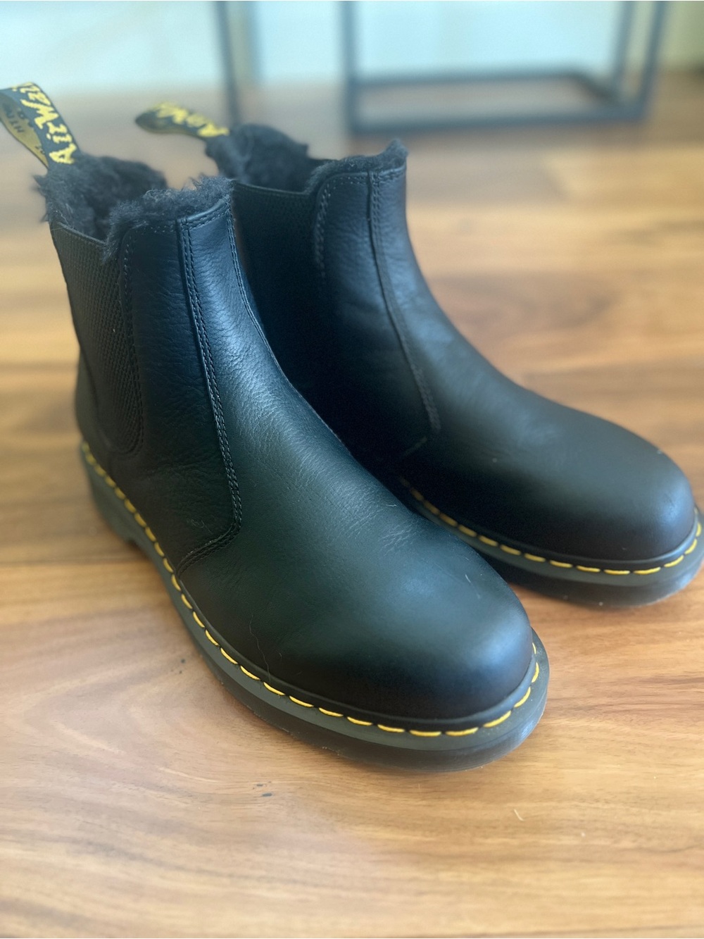 Dr. Martens Faux Fur Black Leather Chelsea Boots with Yellow stitches